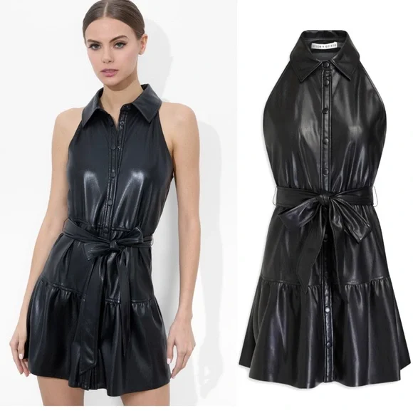 Alice + Olivia Miranda Vegan Leather Tiered Button Down Sleeveless Mini Dress - Picture 4 of 16